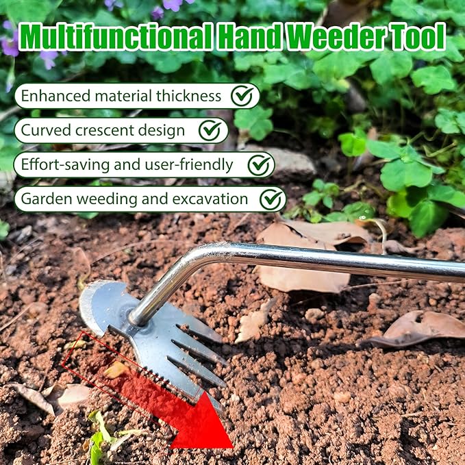 Amposei Weeding Artifact Uprooting Weeding Tool, Multifunctional Weeder, Hand Weeder Tool, Stand Up Weed Puller Tool with Handle for Garden Yard Farm Weed Removal (14in, Metal Rubber Handle)