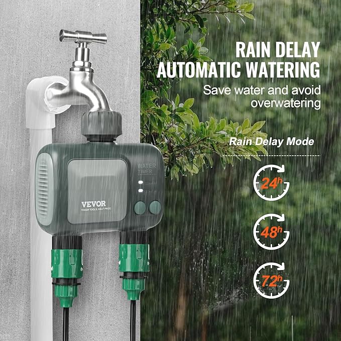 VEVOR Sprinkler Timer WiFi Water Timer, 2 Outlets, Smart Hose Faucet Water Timer with Brass Inlet, APP Remote Control via 2.4Ghz WiFi or Bluetooth, Voice Control, IPX6 for Garden, Yard Watering