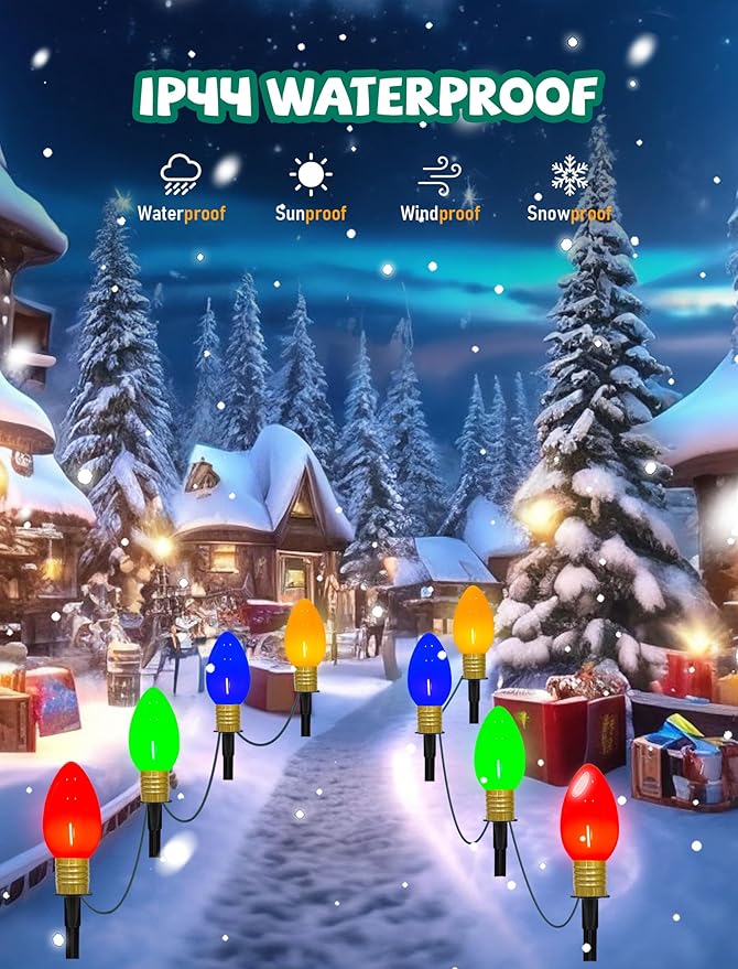 Jumbo C9 Christmas Pathway Lights Outdoor, 2Pk Total 14Ft Outdoor Christmas Decorations with 8 LED Jumbo C9 Multicolor Light Bulbs Christmas Walkway Lights for Lawn Holiday Yard Garden Sidewalk Decor