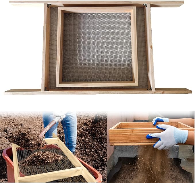 Sifter for Garden, 2Pcs Hand Held Multi-Purpose Stainless Compost Soil Screen Dirt Cedar Stainless Garden Sifter Sieve for Compost, Sand Rocks Dirt and Potting Soil（2/5"+1/4"）