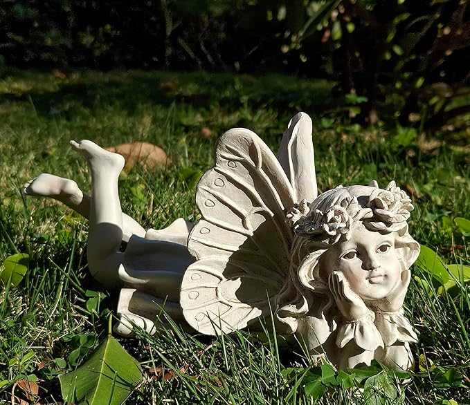 MeritMode Fairy Garden Figurines - Angel Statue with Butterfly and Holding Face, for Mom, Resin Outdoor Figurine for Patio & Yard, 10" Width
