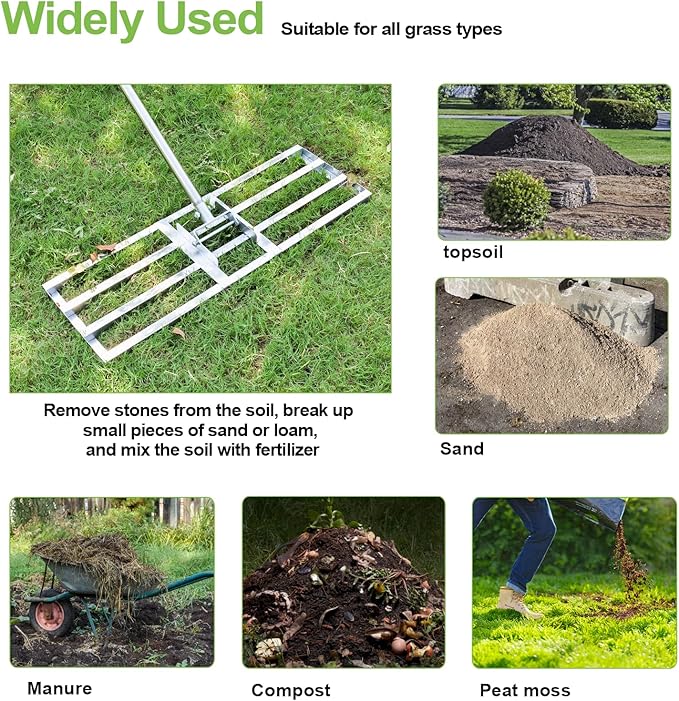 Scalebeard Lawn Leveling Rake,7FT 30 X10In Lawn Leveling Tool, Effort Saving & Adjustable Handle Heavy Duty Lawn Leveler for Yard Garden Golf Course Dirt Leveler