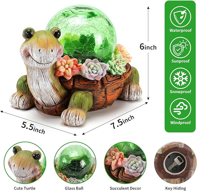 Solar Turtle Garden Statue Lights for Outdoor Decor with Cracked Glass LED Figurine Lighting Resin Succulent Tortoise Decorations Patio Lawn Yard Housewarming Mom Gifts