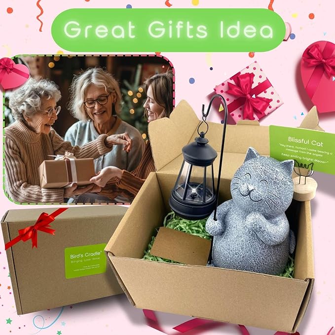 BIRD'S CRADLE Blissful Cat Solar Garden Statue - Outdoor Art Decor, Cat Lovers Themed Gift, Unique Patio, Balcony, Yard, Birthday, Housewarming Gardening Figurine Gifts for Mom, Grandma, Wife, Women