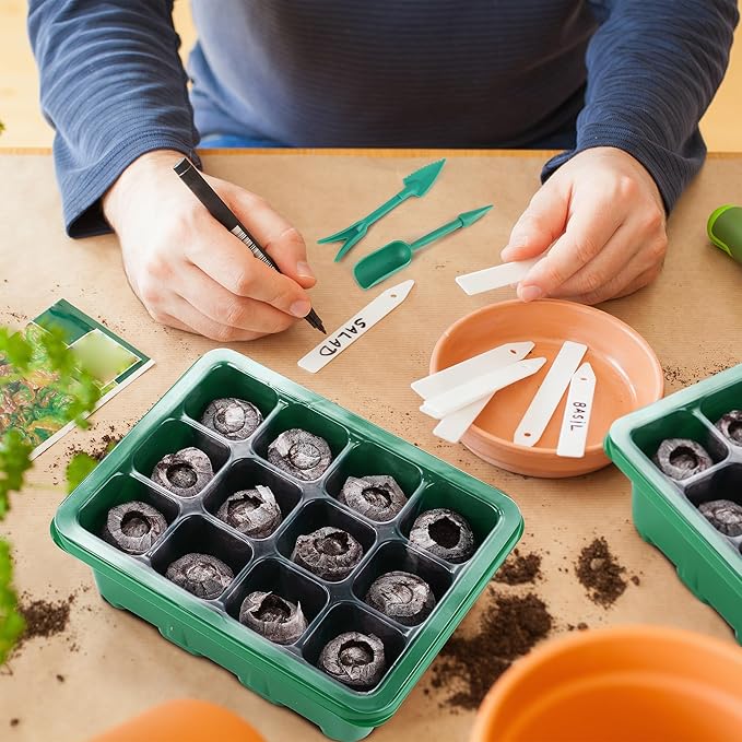 6 Pack Seed Starter Tray Kit with Grow Light and Humidity Dome Germination Trays with 72 Peat Pellets, Plant Labels, Gardening Tools, Plant Growing Trays for Seeds Growing Starting, Green