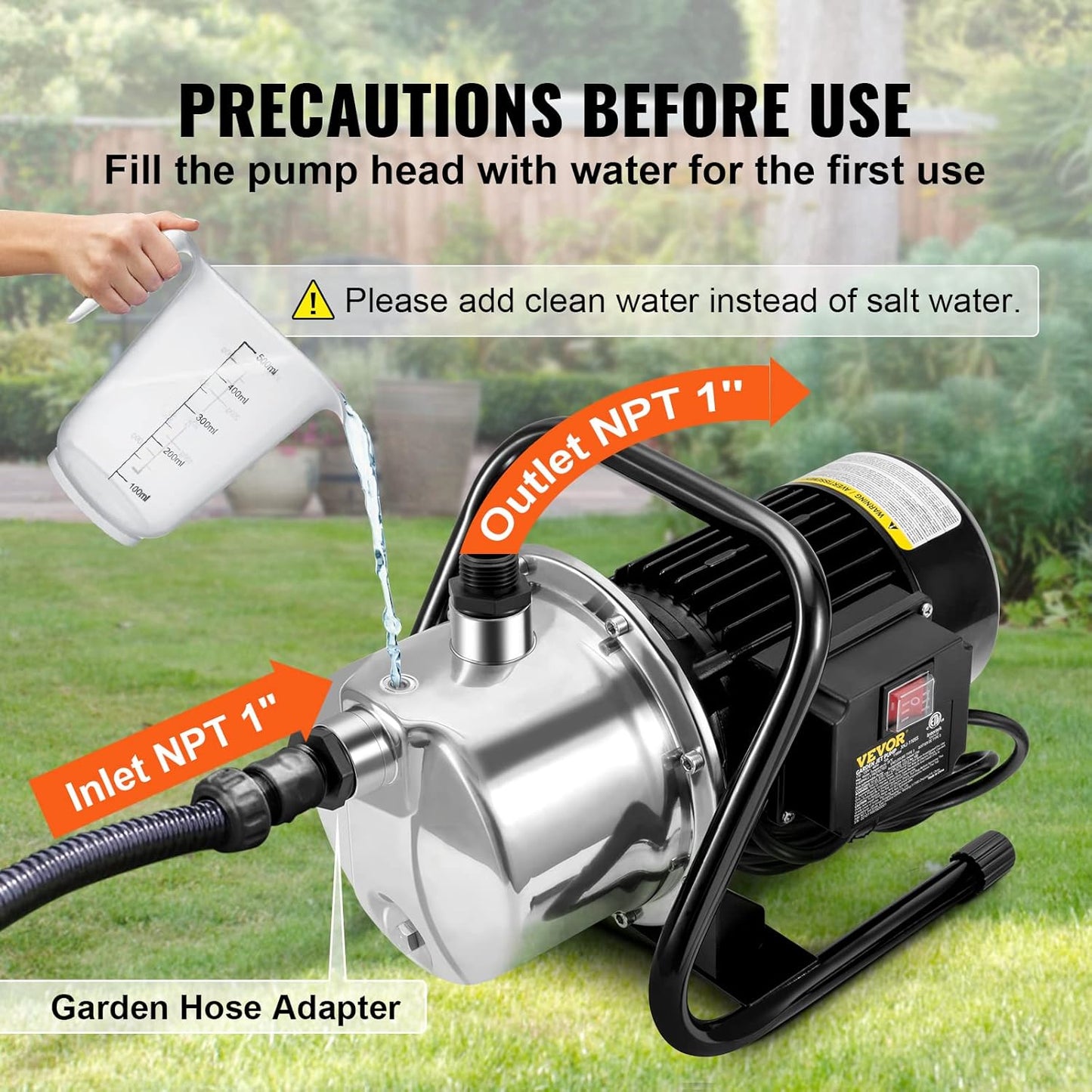VEVOR 1.1 HP Portable Shallow Well Pump, 978 GPH Garden Jet Pump, 115V, 131 ft Height, Stainless Steel Sprinkler Booster Pumps for Garden Lawn Irrigation system, Lake Fountain, Water Transfer