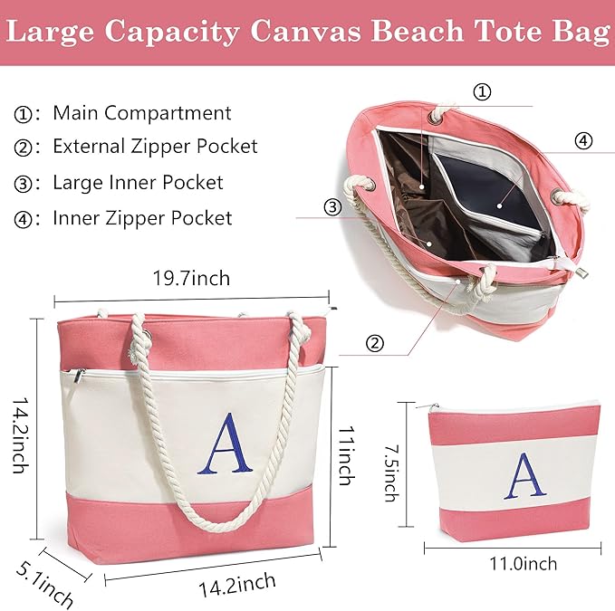 YOOLIFE Beach Bags for Women - Initial Tote Waterproof Bag with Makeup Bag, Mothers Day Gifts for Women Mom Friend Birthday