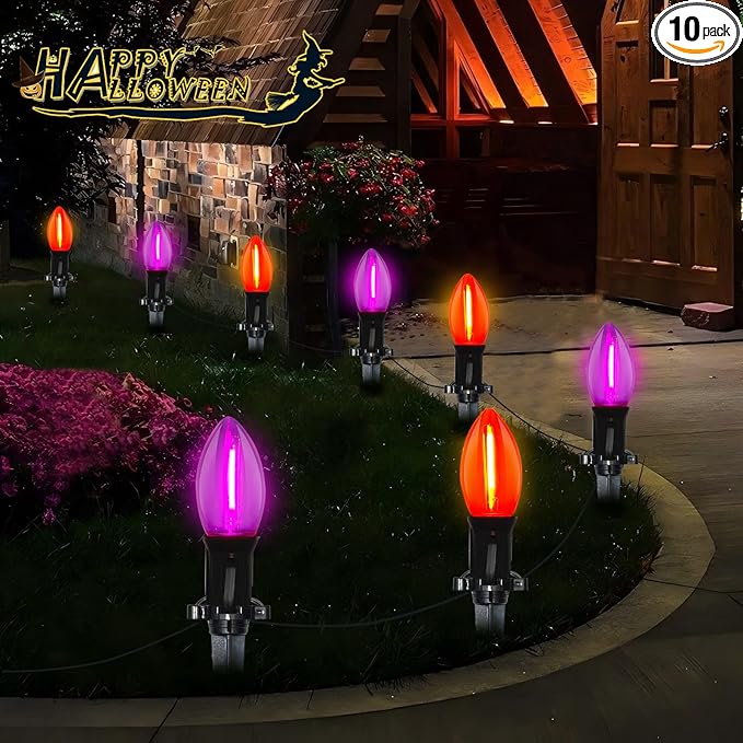 19.5Ft LED Halloween Pathway Lights Outdoor with 10 C9 LED Orange Purple Lights, Outdoor Halloween Decoration Pathway Marker Stakes Lights Waterproof for Yard Garden Sidewalk Walkway Halloween Party