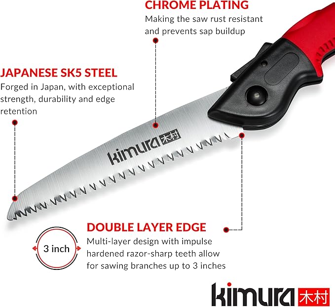 Kimura® 7" Pro Folding Pruning Saw - Heavy Duty Premium Japanese SK5 Steel Hand Saw, Ergonomic Soft Non-Slip Handle, Lightweight Foldable Saw Ideal for Branches, Trimming, Camping, PVC, Hiking, Wood