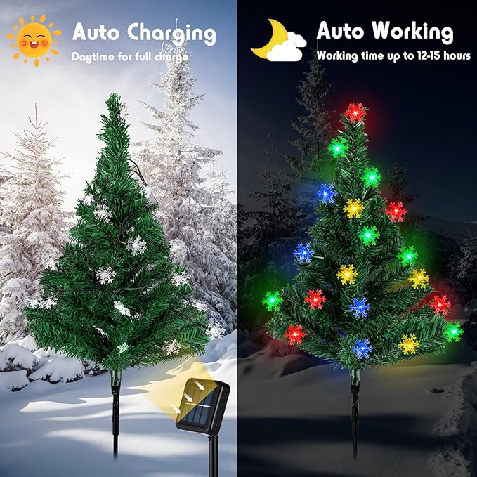 Retisee 6 Pack Solar Christmas Tree Pathway Lights Decorations Outdoor LED Snowflake Lights 8 Modes Prelit Small Christmas Tree Waterproof Solar Stake Lights for Garden, Yard, Lawn, Cemetery