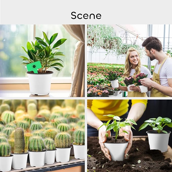 GROWNEER Nursery Pots 60 Packs 4 Inch Plastic Planting Pot with 15 Pcs Plant Labels, Seed Starting Set Flower Planter Container for Succulents, Seedlings, Cuttings, Transplanting, White