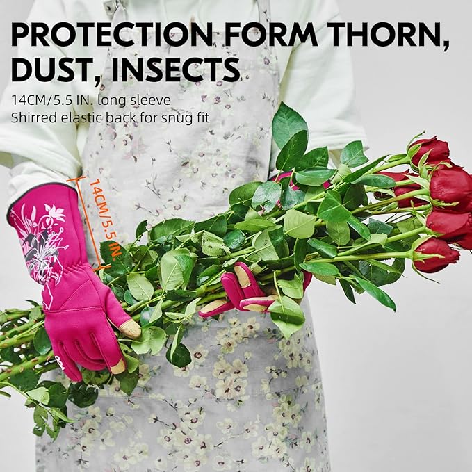 Vgo... 1-Pair Ladies' Synthetic Leather Gardening Gloves, Long Sleeves Gauntlet, Breathable & Grip Work Gloves, High Dexterity, Washable (Size S, Red, SL7445)