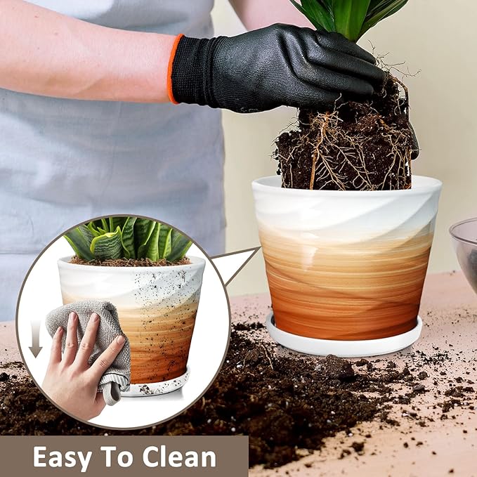 6.7 + 5.5 Inch Plant Pot, Ceramic Planter with Drainage and Saucer，Ceramic Pots for Plants, Indoor Plant pots，planters for Indoor Plants(Khaki + White)