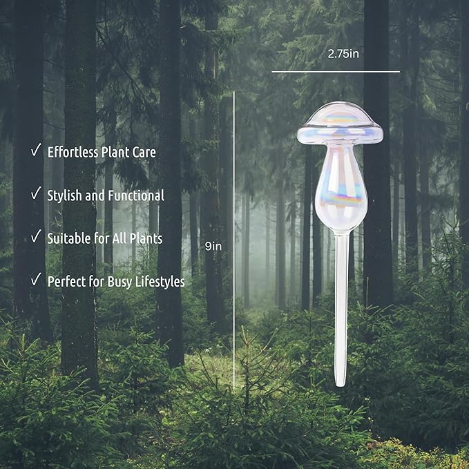 LGL Mushroom Plant Watering Globes - 4 Pieces Clear Rainbow. Decorative Self Watering Planter Inserts. Hand-Blown Durable Glass. Ideal Plant Lover Gift (4pk Medium)