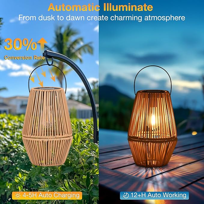 Uspring 3-in-1 Solar Lanterns Outdoor Waterproof Rattan Woven Hanging Solar Lights for Outside with Bright Lamp & LED Bead & 2 Handles, Garden Gifts Decor for Women Mom Patio Backyard Porch Deck