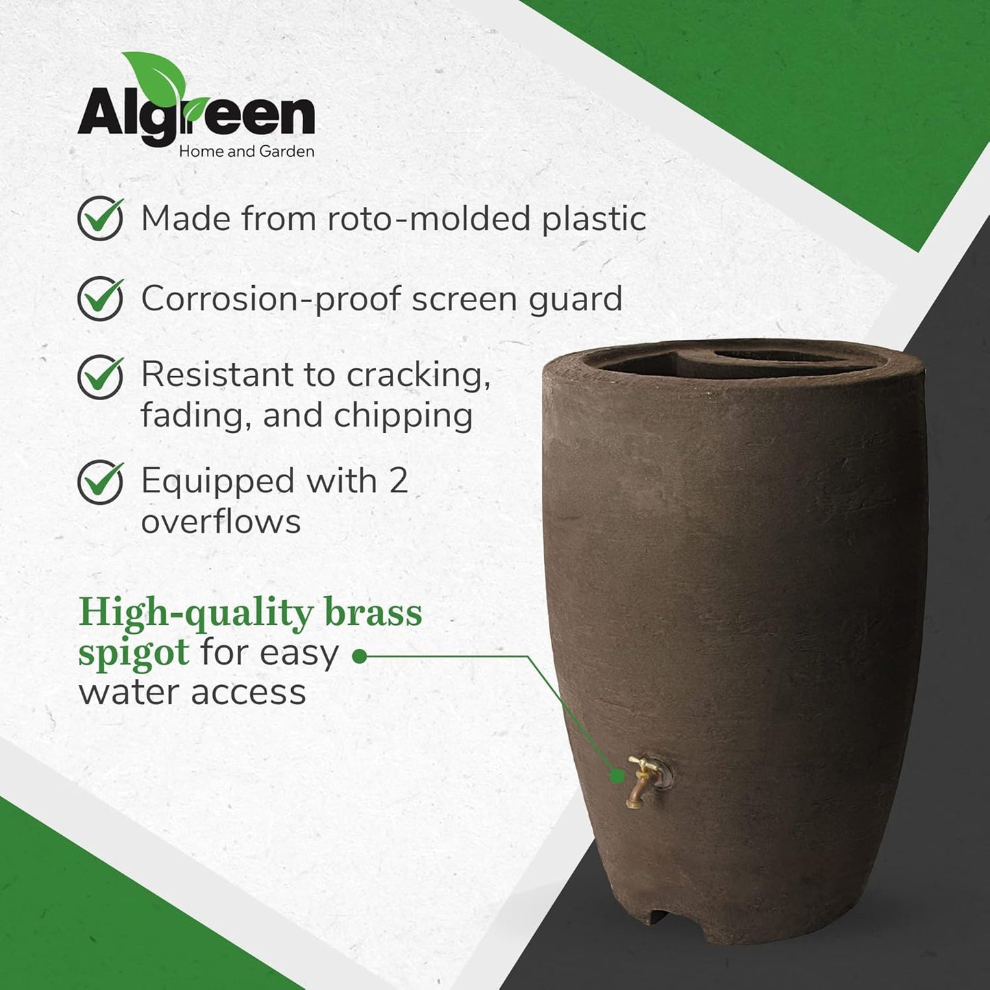 Algreen Plastic Rain Barrel, 50 Gallon Drum - Rainwater Tank w/Brass Spigot & Screen Guard for Rain Water Collection & Storage - Athena, Brownstone