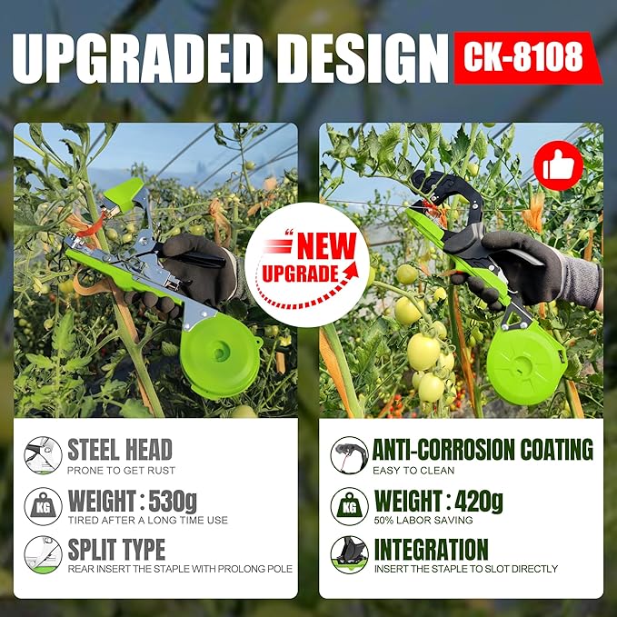 Plant Tying Machine with Green Tape, Lightweight Plant Tape Gun Tool to Tie Up Vine, Plant Tapener Tying Tool for Tomato, Grape, 10000pcs Staples 20 Rolls Tape (Green)