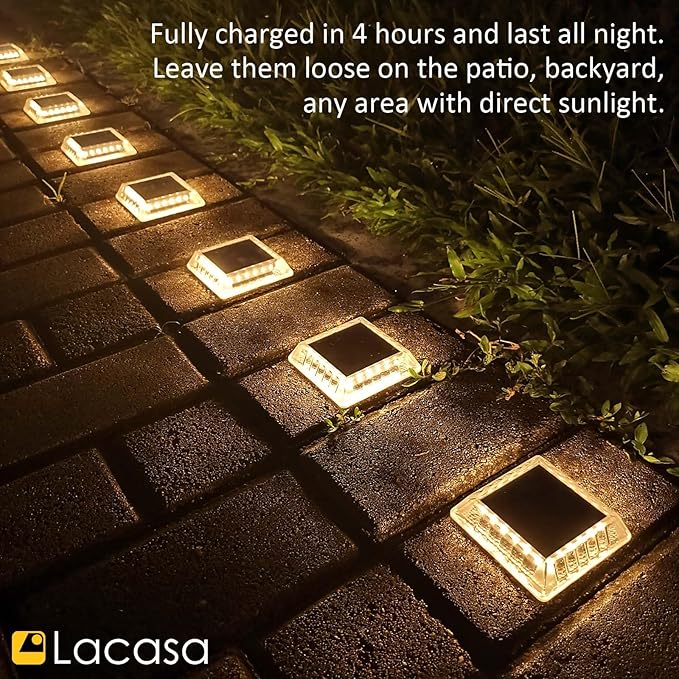 Lacasa Solar Deck Lights, 8 Pack 30LM LED Dock Lights Warm White 2700K, Outdoor Solar Powered Step Lights Light up All Night IP68 Waterproof Auto ON/Off for Garden Stairs Driveway Pathway Lighting