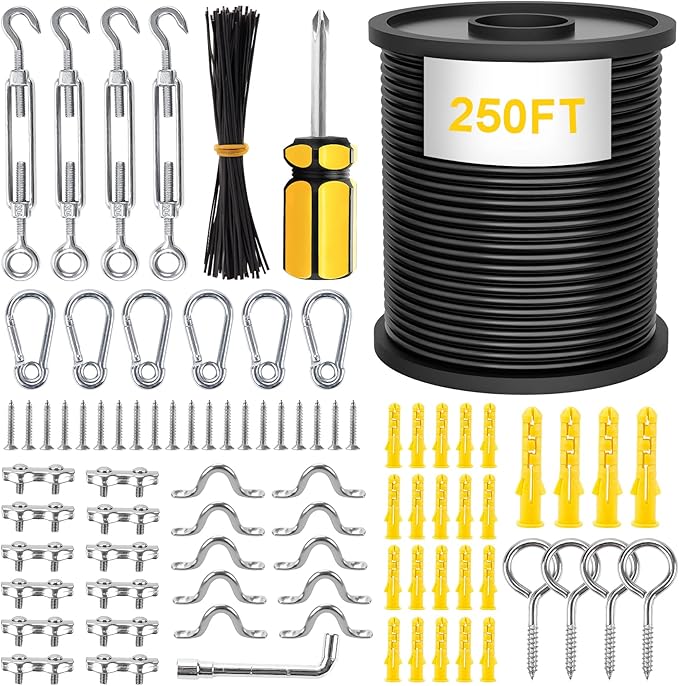String Light Hanging Kit Outdoor Lighting Hanging Kit with 250 Ft Black Coated Wire Cable, Turnbuckle, Hooks and Enough Outdoor Accessories for Outside, Patio, Garden