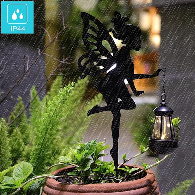 Solar Fairy Garden Decor – YUNJACKEYDZ 2 Pack Metal Fairy Hanging Lantern Solar Outdoor Garden Decoration Silhouette Light Stake Garden Decorative Stake Ornaments for Lawn,Patio or Courtyard,Gifts