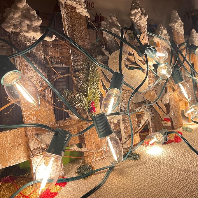 C9 LED Christmas Lights Outdoor, 25 Feet C9 Warm White String Lights Outdoor with 26 LED Clear Bulbs for Indoor Christmas Tree Roofline Holiday Party Garden Patio Backyard Cafe Decoration