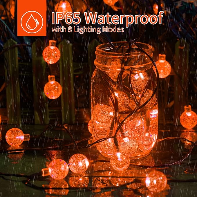 Solar Halloween String Lights Outdoor 60 LED 36 Feet Crystal Globe String Lights with 8 Lighting Modes, Waterproof Solar Powered Patio Lights for Garden Yard Porch Decor (Orange)