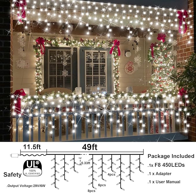 49FT 450LED F8 Upgraded Waterproof Christmas Lights with Memory & Timer - 8 Modes, Perfect for Outdoor, Roof, Home & Wedding Decorations