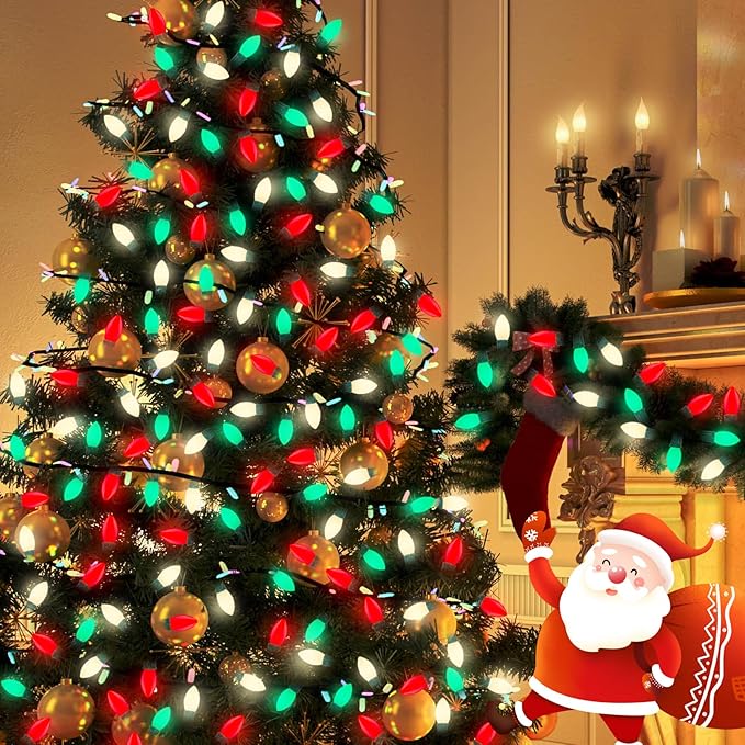 Red Green White LED Christmas Lights, 25FT Waterproof C9 Multicolor Outdoor With 26 Shatterproof Bulbs, Commercial Hanging for Roof Patio Balcony Party Xmas Decor