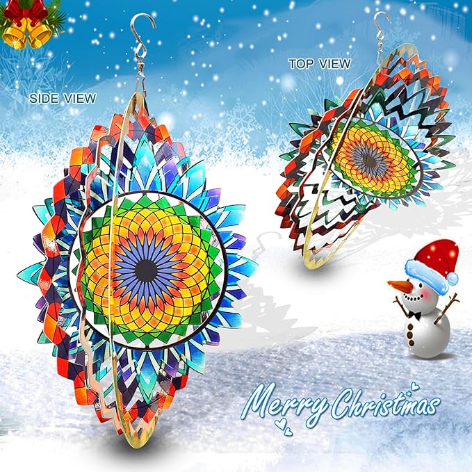 FONMY Wind Spinner Mandala Sun Flower 12 inches – 3D Stainless Steel – Laser Cut Metal Art Geometric Pattern - Hanging Wind Spinner, Kinetic Yard Art Decorations - Indoor/Outdoor Décor