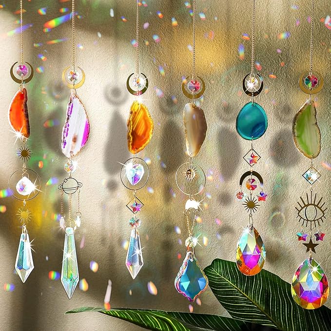 Maitys 6 Pcs 6 Pcs Crystal Suncatcher Sun Catchers Indoor Window Hanging Sun Catchers with Light Catcher with Prisms and Agate Slices for Indoor Outdoor Home Garden Wedding Decor (Colorful Crystal)