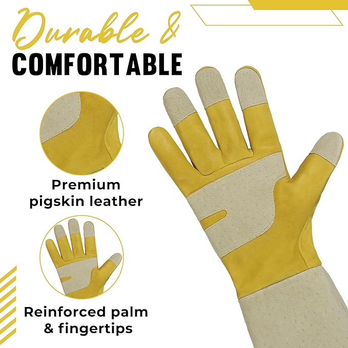 HANDLANDY Rose Pruning Gloves for Men & Women, Thorn Proof Long Garden Gloves, Gardening Gifts for Gardeners (Yellow- goatskin, Small (Pack of 1))