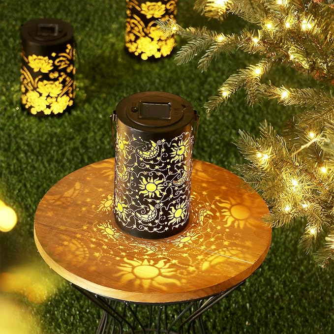 Solar Lanterns Outdoor Hanging Waterproof Metal Sun Moon Star Pattern Lanterns for Garden Patio Yard Lawn Front Porch Decor as Birthday Gifts for Mom Grandma Women