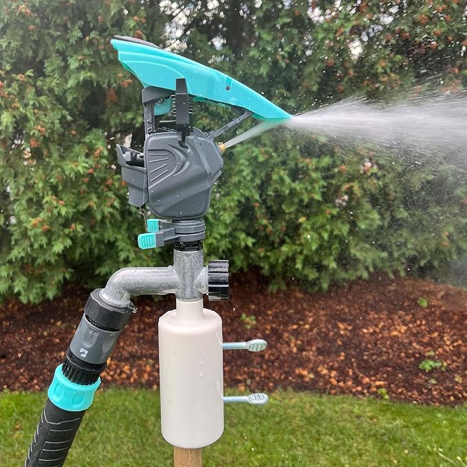 T-Post Lawn Pulsating Impact Sprinkler 300013 with a Gear Drive, Pole Base, Adjustable to 360 Degrees by New England Garden Tools