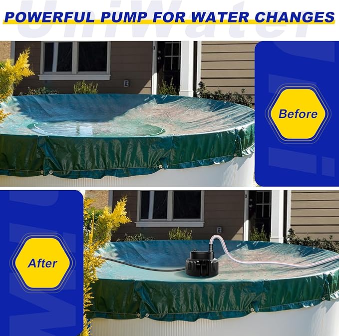 Pool Cover Pump above Ground-Submersible Sump Pump Swimming Water Removal Pumps, Sump Pump for Pool Draining with 16ft Drainage Hose & 25 ft Extra Long Power Cord,850 GPH,3 Adapters-Black