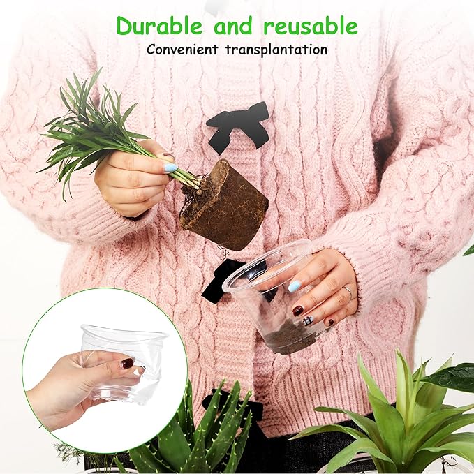 60 Pack 4 Inch Clear Nursery Pots with Drainage Holes, Transparent Plastic Pots for Plants, Reinforced Seed Starter Pots Garden Pots Flower Pots Come with 50pcs Plant Labels