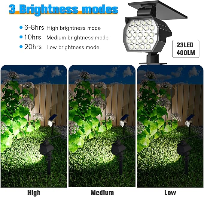 NIORSUN Solar Spot Lights Outdoor,23 LEDs Landscape Lighting with Auto On/Off and 3 Lighting Modes, IP67 Waterproof Spotlights,Outdoor Solar Lights for Yard Garden,6 Pack(Cool White)