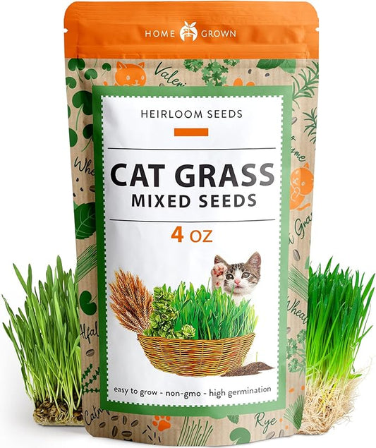 HOME GROWN 4oz Cat Grass Seeds - Oat Seeds & Barley Seeds Mix - Keep Your Pet Healthy with Cat Grass for Indoor Cats - Cat Grass Seeds Bulk - Refill Cat Grass Growing Kit - 100% Non-GMO