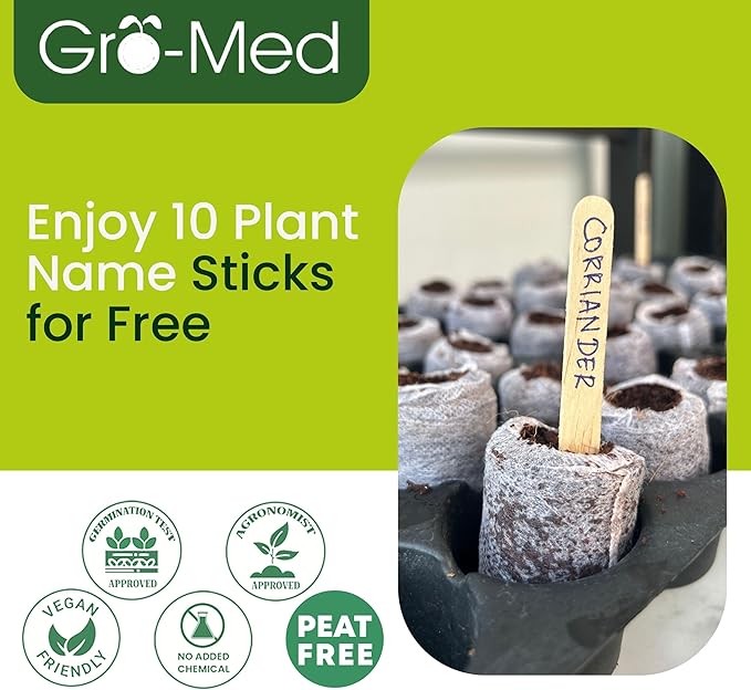 Gro-Med Organic Coco Coir Seed Starter Pellets NPK Enriched 100 Pcs, 35mm Perfect to Grow Herbs, Vegetables, Flowers Seedling, Compressed Coconut Coir Soil Plugs for Seed Germination - OMRI
