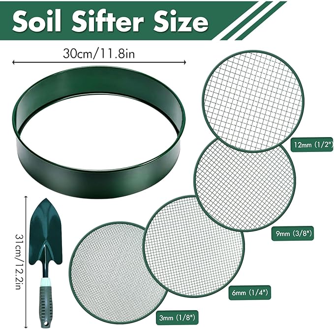 Soil Sifter, 11.8" Fine Mesh Stainless Steel Soil Sifter for Gardening, Compost Sifter with 4 Interchangeable Filter Mesh Sizes 3,6,9,12mm and Shovel, Soil Sieve for Sand Rocks Dirt Compost