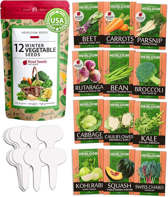 HOME GROWN 12 Winter Vegetable Seeds - Heirloom, Non-GMO Fall & Winter Vegetable Seeds for Planting Home Garden: Bean, Beet, Broccoli, Cabbage, Carrot, Cauliflower, Kale, Parsnip, Squash, Chard & More