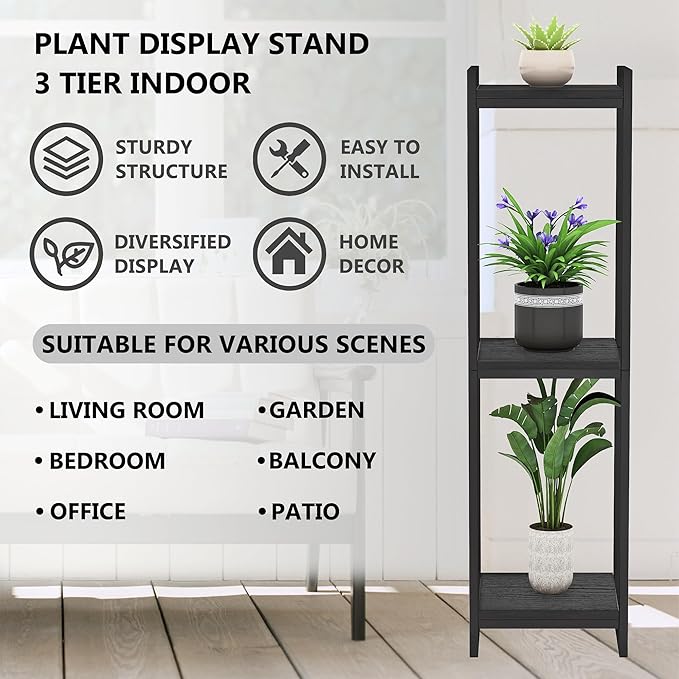45" Tall Plant Stand Indoor, 3-Tier Modern Plant Shelf Corner Flower Pot Holder Organizer for Living Room Balcony Garden, Black