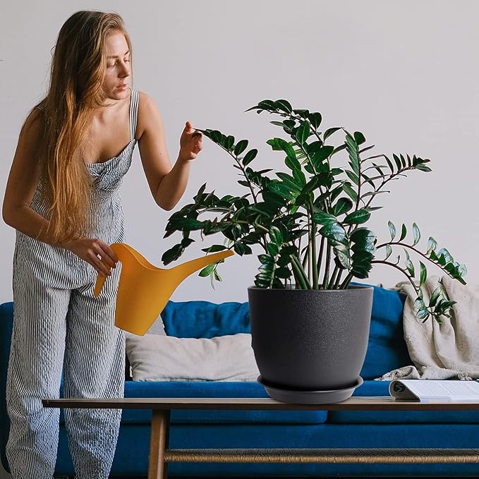 WOUSIWER Plant Pots 10/9/8 inch, Set of 3 Modern Decorative Plastic Planters with Drainage Holes and Saucers for House Plants Indoor Flowers Plants, Black