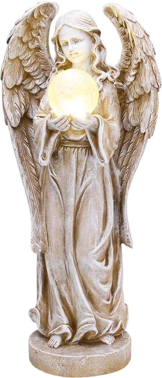 TERESA'S COLLECTIONS Angel Garden Statues with Solar Outdoor Light for Outdoor Decor, Fairy Figurine Resin with Wing & Glass Ball for Garden Decor, Yard Decor Lawn Ornament Gifts for Mom, 7.1"