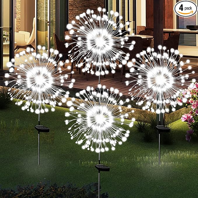 Solar Garden Lights Solar Firework Lights Outdoor Waterproof 4 Pack Solar Powered Art Stake Twinkle Lighting 180 LED Sparklers Solar Lights for Yard Pathway Patio Outside Party Decorations (White)