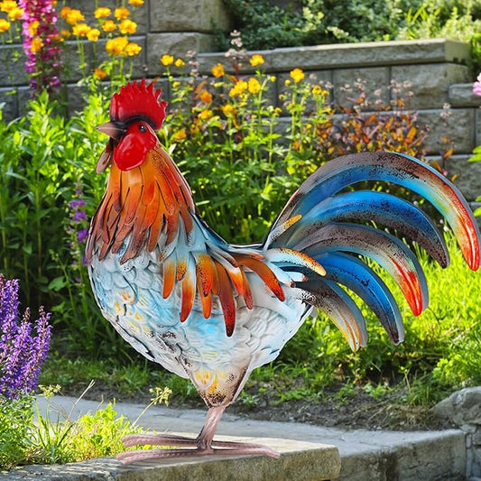 Metal Rooster Decor Garden Statue,Yard Chicken Decorations Outdoor Sculpture for Backyard Patio Kitchen Lawn Ornaments,Birthday Housewarming Gifts for Women Mom