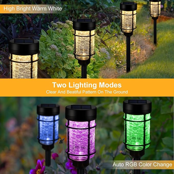 Solar Pathway Lights 6 Pack, Color Changing+Warm White LED Solar Lights Outdoor, Waterproof Solar Crackle Glass Stake Lights for Garden Path Walkway Backyard Lawn Landscape Decoration