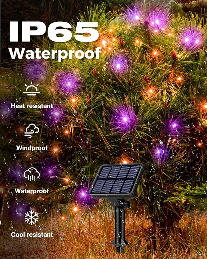 6 Pack Solar Fairy Lights for Outside Waterproof, 49FT/15M 150LED Solar String Lights Outdoor 8 Modes Solar Twinkle Lights for Garden Yard Halloween Decor, Orange-Purple