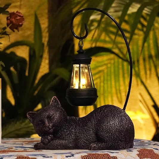 Solar Garden Statue Cat Figurine with Solar Light- Cat Statues Garden Art with Solar Lantern, Loving Cat for Patio,Balcony,Yard, Lawn, Porch-Unique Housewarming Gift for Garden Mom Grandma