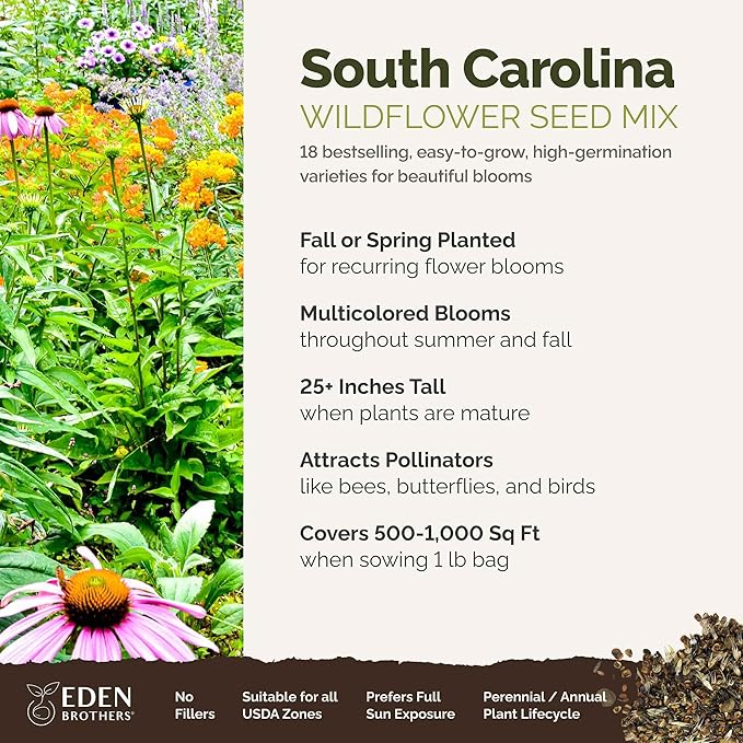 Eden Brothers South Carolina Wildflower Mixed Seeds for Planting, 1 lb, 480,000+ Seeds with WallFlower, Primrose | Attracts Pollinators, Plant in Spring or Fall, Zones