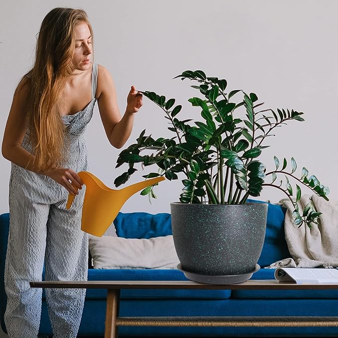 WOUSIWER Plant Pots 10/9/8 inch, Set of 3 Modern Decorative Plastic Planters with Drainage Holes and Saucers for House Plants Indoor Flowers Plants, Black with Green Speckles